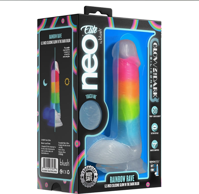 Neo Elite Glow in the Dark Rainbow Rave Dual Density Dildo 6.5